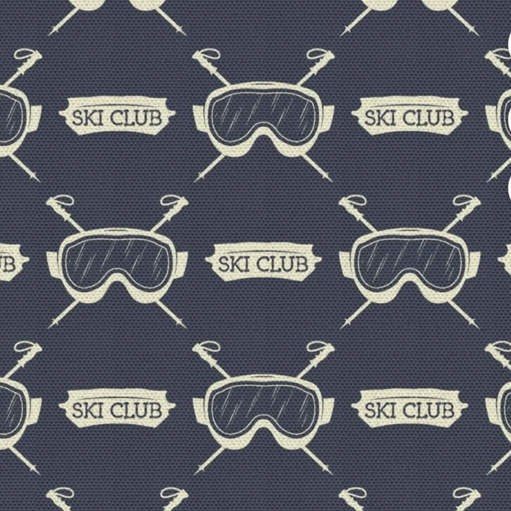 SKI CLUB Skiing Poles Goggles Upholstery Decorator Fabric Blue Gray 3 Yd x 58